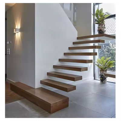 Escalera flotante de madera de haya personalizada con barandilla de vidrio y luces LED