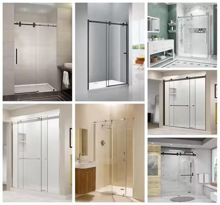 Cabina de ducha moderna con marco dorado, accesorios de hardware personalizables y puerta de vidrio templado con manija para baño