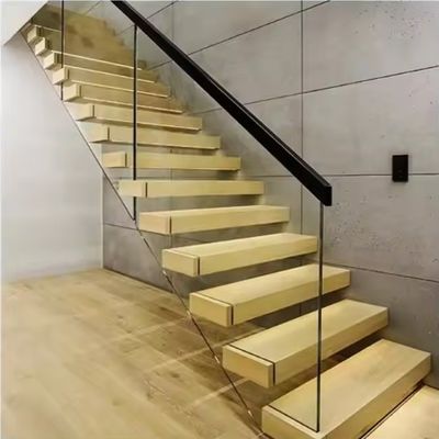 Villa de diseño de escalera flotante de acero invisible con barandilla de vidrio de tramo de madera